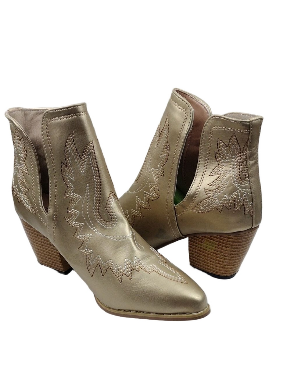 Tinstree Gold Embroidered Stitched Square Point Toe Heeled Western Ankle Boot